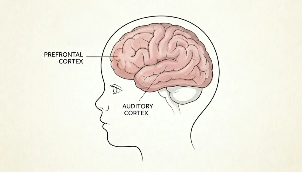 A line-art diagram of a child's brain, with specific areas like the Prefrontal Cortex and Auditory Cortex highlighted and labeled.