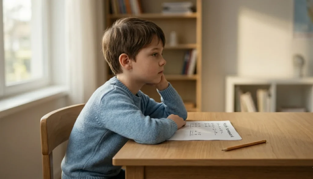 A young boy sitting at a wooden desk with a hand on his chin, looking straight ahead.