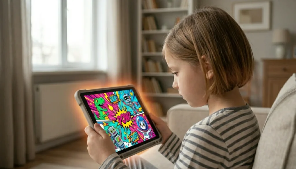 A young girl sits on a couch, calmly watching bright, chaotic cartoon action on a tablet screen.