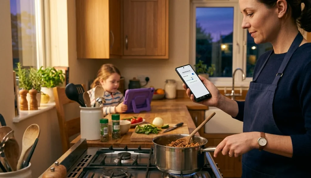Mom cooking dinner relaxed while child quietly watches Android tablet at kitchen table You said: thiss is quite a short article andwe already have a hero image so it hink 1 value adding supporting image would suffice.