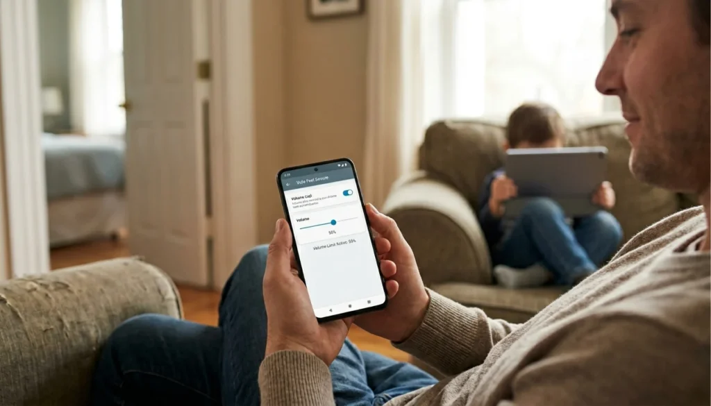 Parent remotely capping child's Android tablet volume through Kids Feel Secure app at home