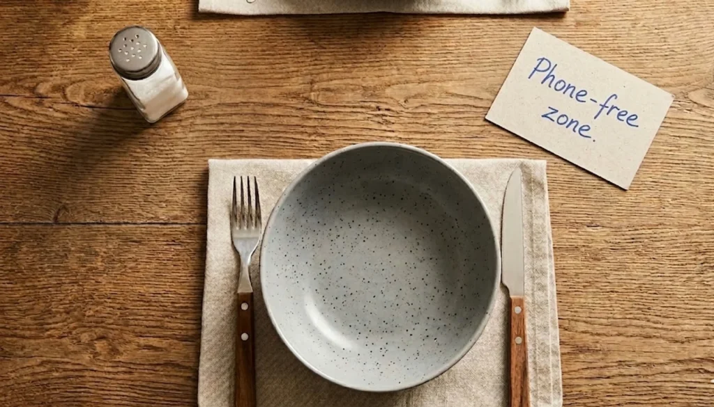a dining table with a plate and utensils and  a handwritten card that reads phone-free zone