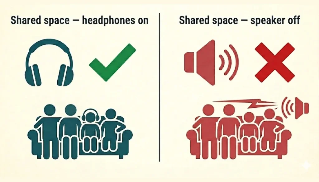 Graphic showing headphones on with green check and speaker off with red X for shared spaces