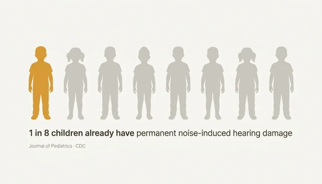 Graphic showing 1 in 8 child silhouettes highlighted to represent noise-induced hearing damage rates
