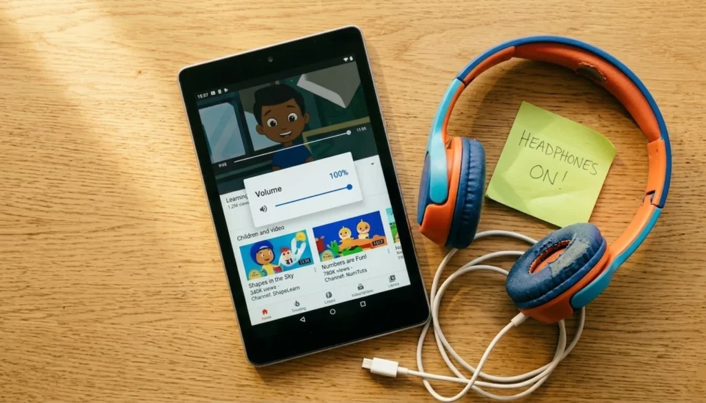 Android tablet at max volume beside broken kids headphones and an sticky note that says "Headphones Only"